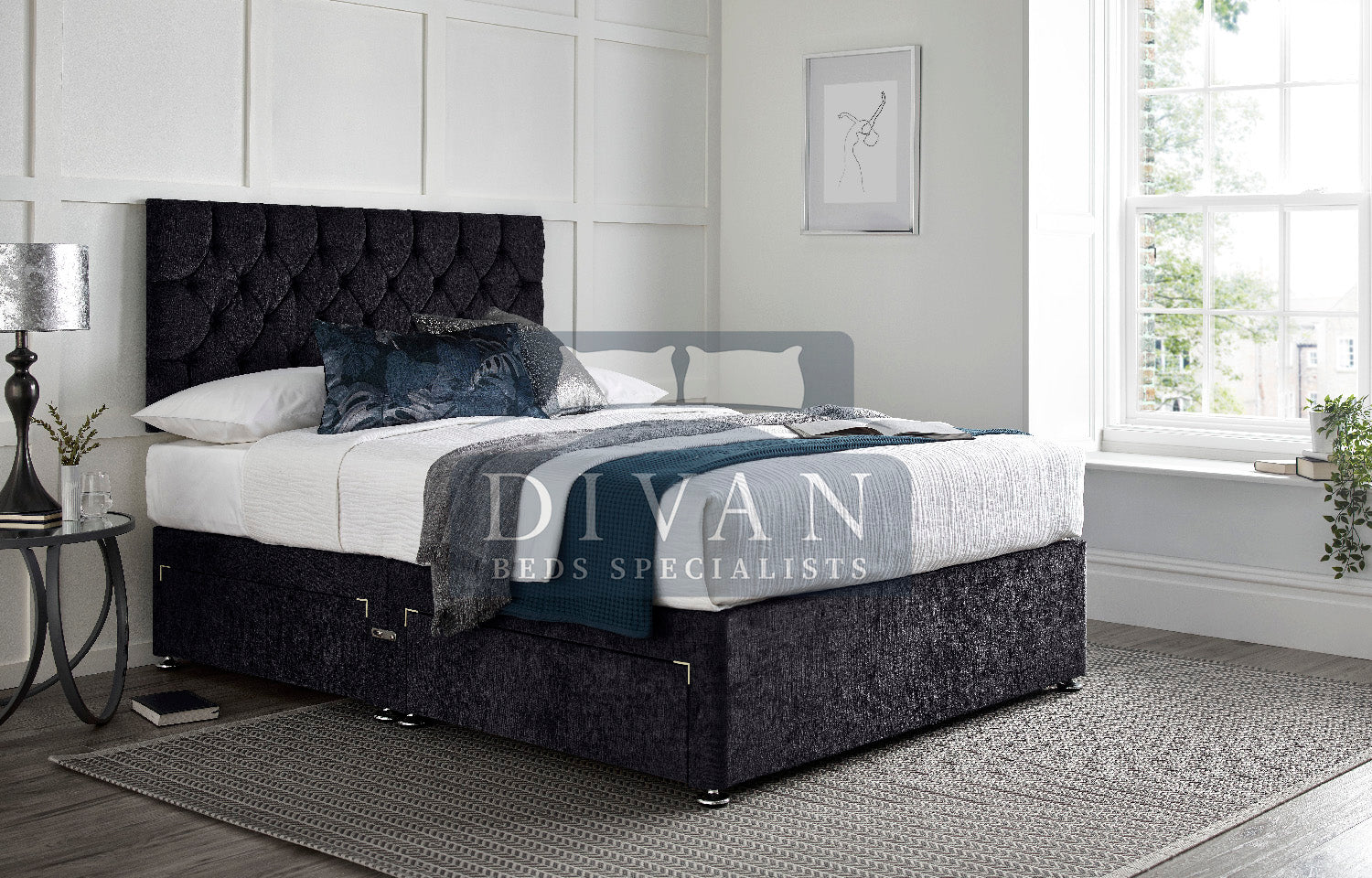 FLORIDA BUTTON DIVAN BED WITH HEADBOARD AND MATTRESS