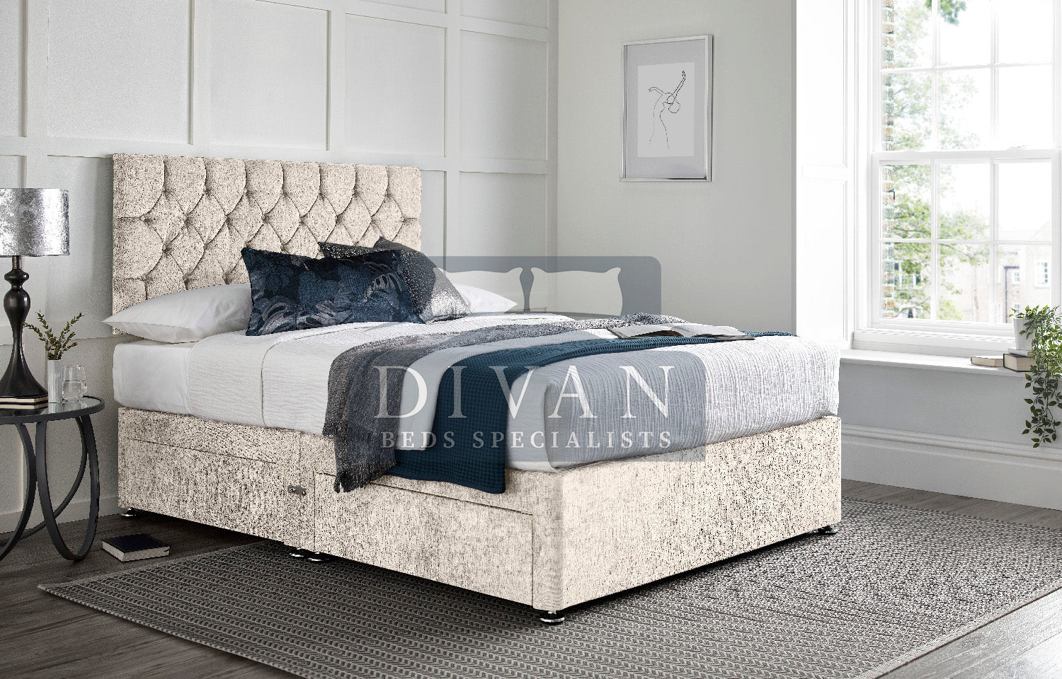 FLORIDA BUTTON DIVAN BED WITH HEADBOARD AND MATTRESS