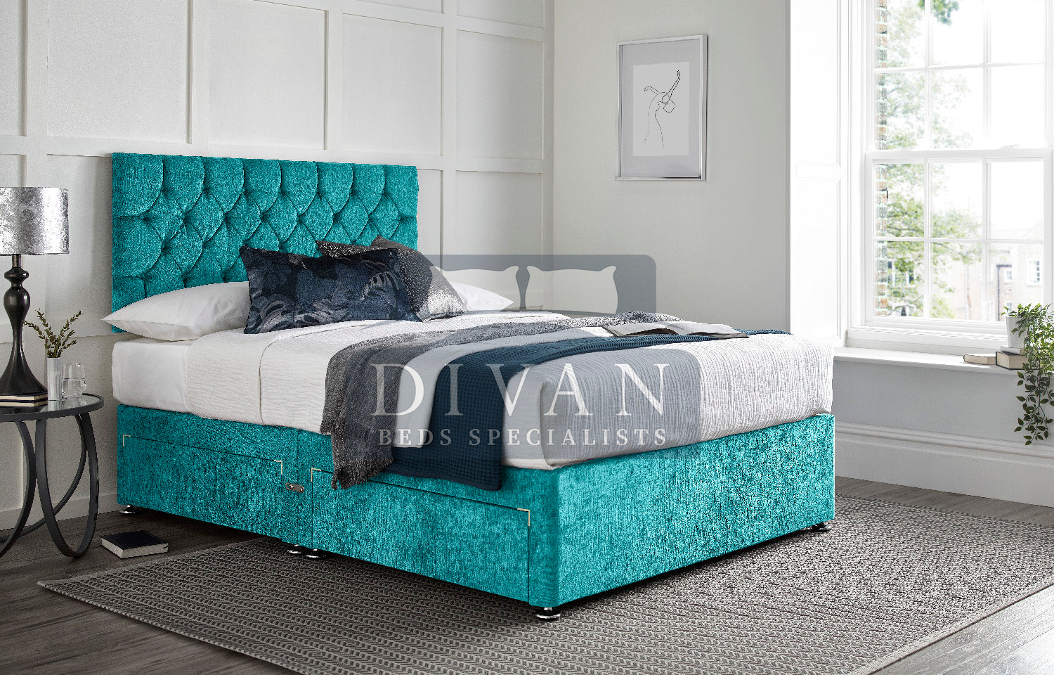 FLORIDA BUTTON DIVAN BED WITH HEADBOARD AND MATTRESS